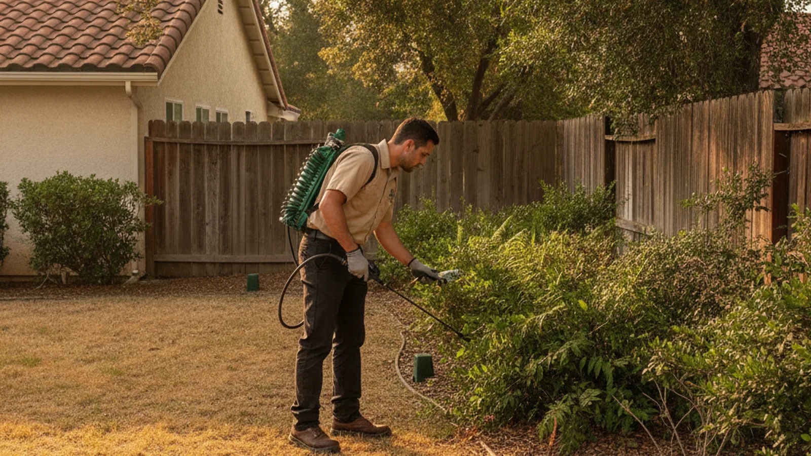 A pest professional examining shaded shrubs and a wooden fence line at the edge of a residential yard